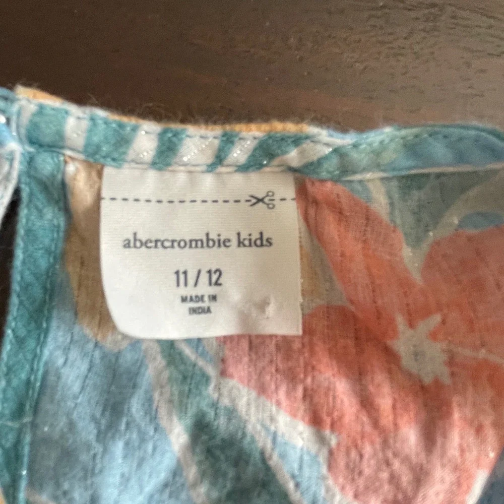 Abercrombie Kids Girls Blue Tropical Floral Metallic Lurex Lace Trim Dress 11/12
